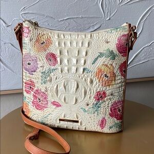 Brahmin Floral Embossed Leather Crossbody Bag - Cream and Pink